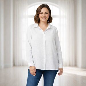 2 for $20 Women's White Cotton Weave Collared Button-Down Shirt Blouse XXL